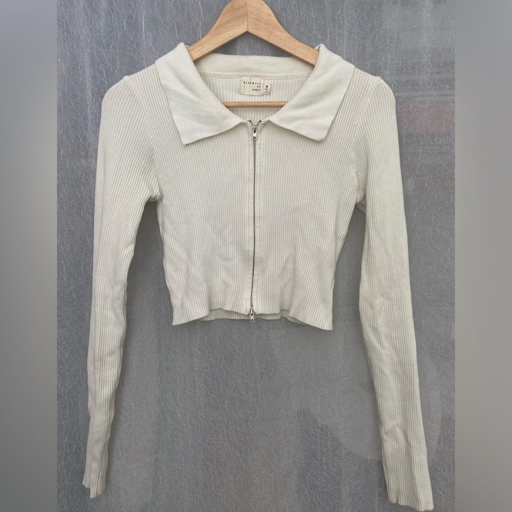 White cropped zip up polo